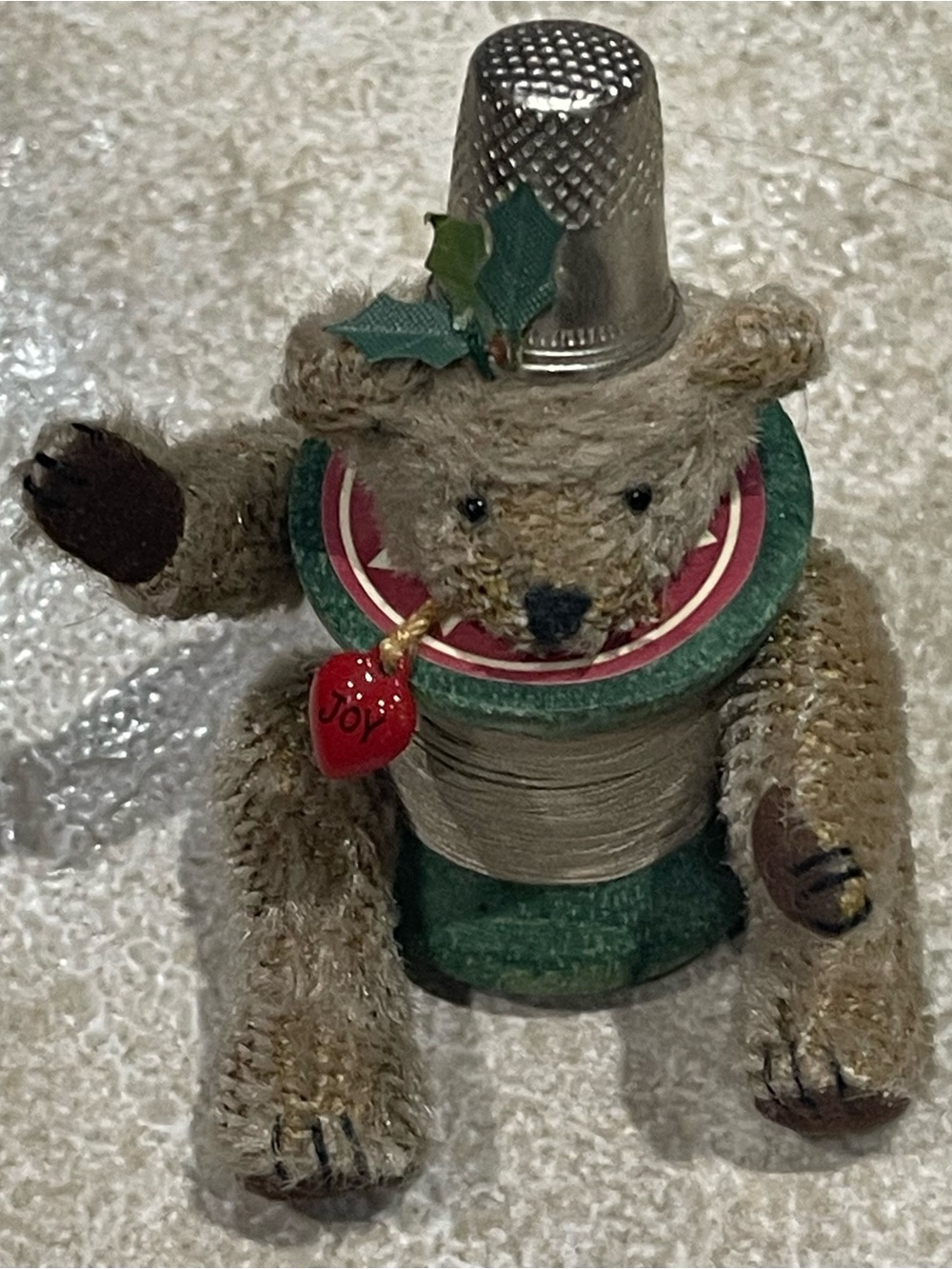 Hallmark Vintage Teddy Bear 2002 Ornament with Sewing Thimble Threadbear “Joy”